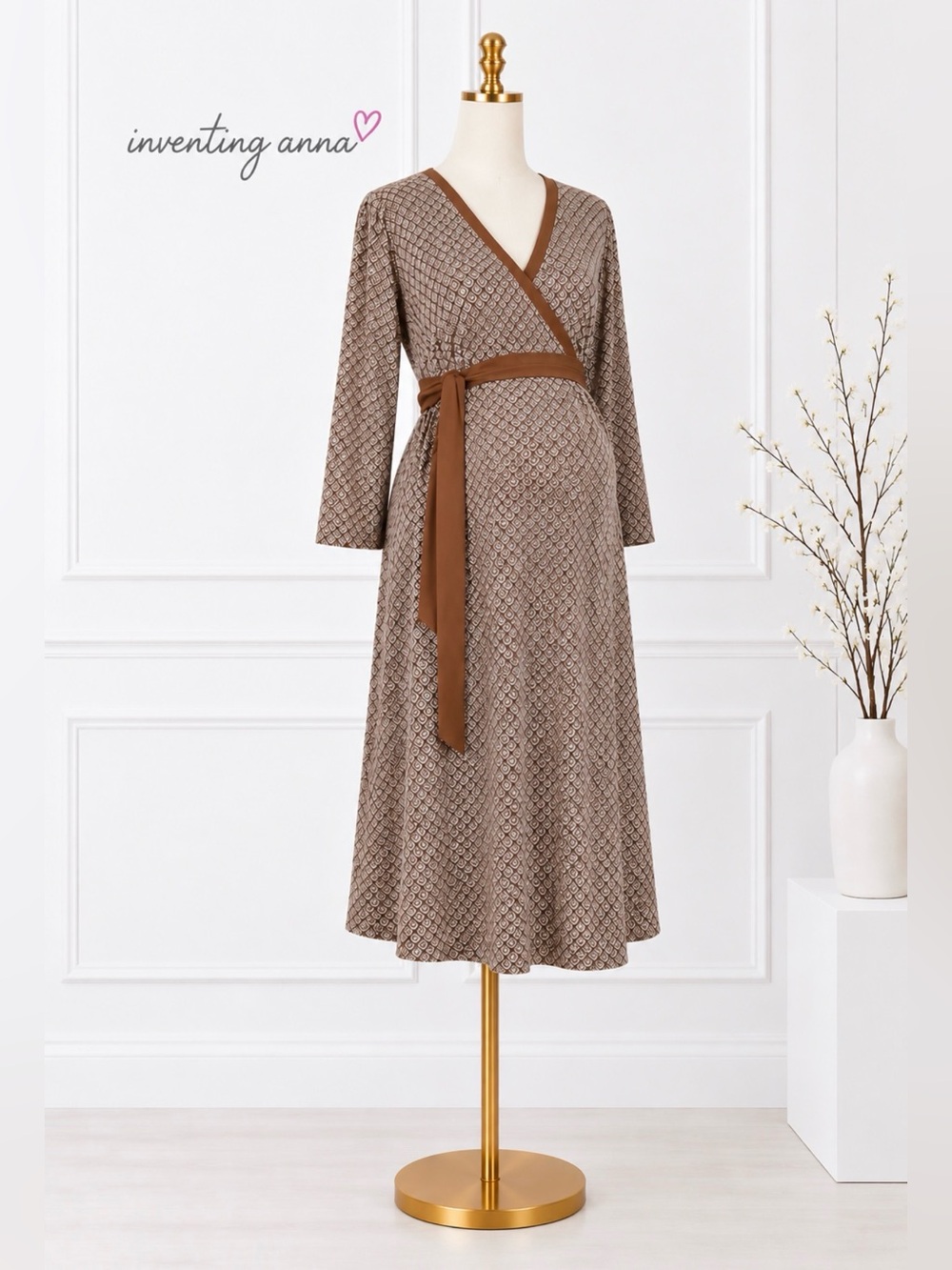 Two Hearts Maternity Brown Geometric Wrap Dress 3/4 Sleeve Belted XL